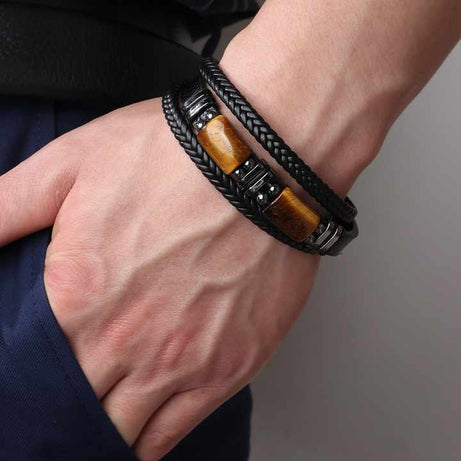 Retro Men's Leather Bracelet with Natural Tiger Eye Stone & Stainless Steel – Vintage Braided Multi-Layer Design